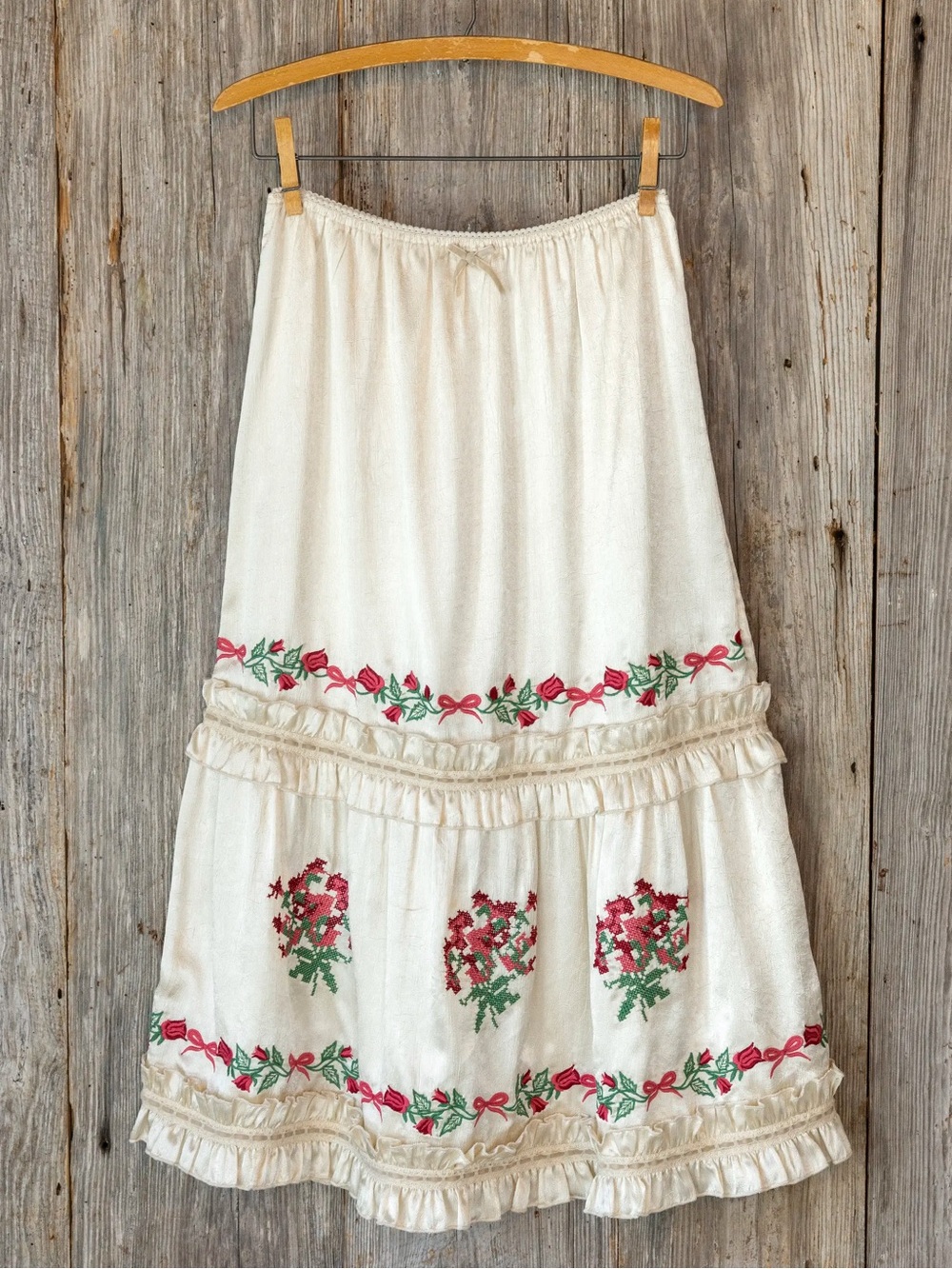 NATURAL LIFE Cream Maxi Skirt with Pink and Green Floral Embroidery